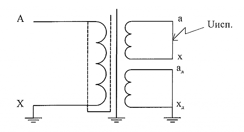 Рис. Б1 Схема испытания электрической прочности изоляции вторичных обмоток трансформатора приложенным напряжением 3 кВ при частоте 50 Гц.