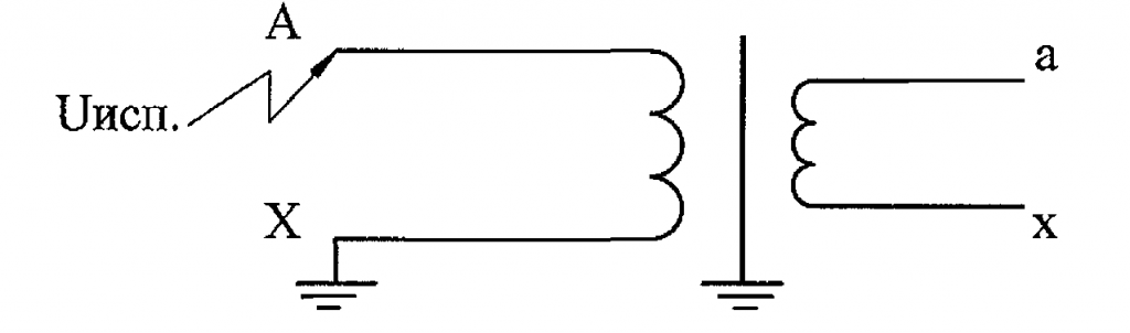Рис.Б.З Схема испытания электрической прочности изоляции первичной обмотки трансформатора приложенным напряжением 1,3 номинального при частоте 50 Гц.