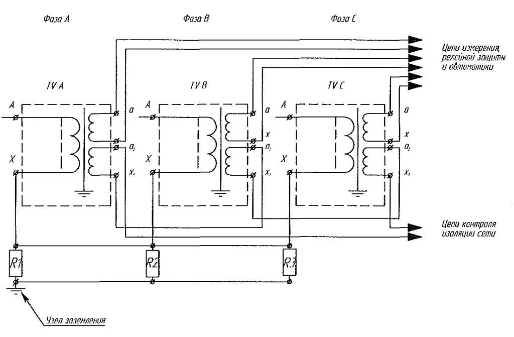 Рис. Д2 Принципиальная электрическая схема присоединения резисторов в обмотку ВН трехфазной группы ЗхЗНОЛ