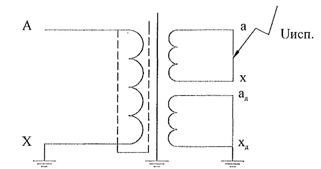 Рис. Е.1 - Схема испытания электрической прочности изоляции вторичных обмоток трансформатора приложенным напряжением 3 кВ при частоте 50 Гц.