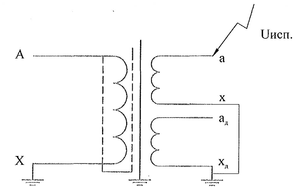 Рис. Е.2 - Схема испытания электрической прочности изоляции первичной обмотки трансформатора индуктированным напряжением при частоте 400 Гц.